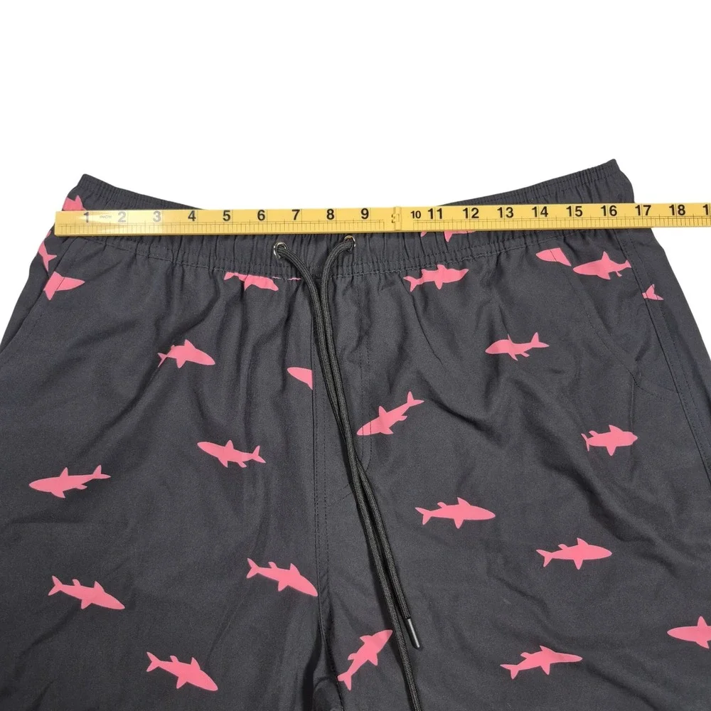 Mens Shark Print Swim Trunks XL Black‎ Pink Beach Board Shorts Compession Lining